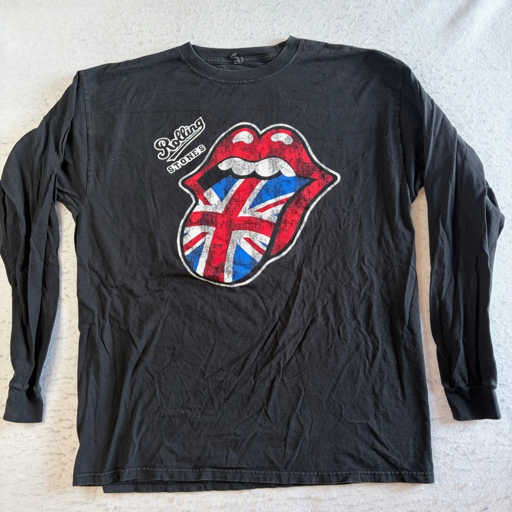 The Rolling Stones Long Sleeve Shirt Mens XL Black Union Jack Tongue Graphic